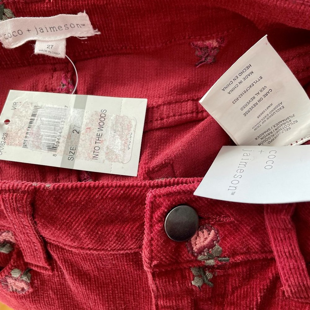 NWT coco + jaimeson Corduroy Jean Mini Skirt Size 27/4 Red Floral Embroidered - Picture 5 of 5